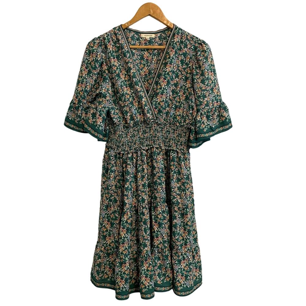 Max Studio Kelly Green Microfloral Drapey Mini Dress